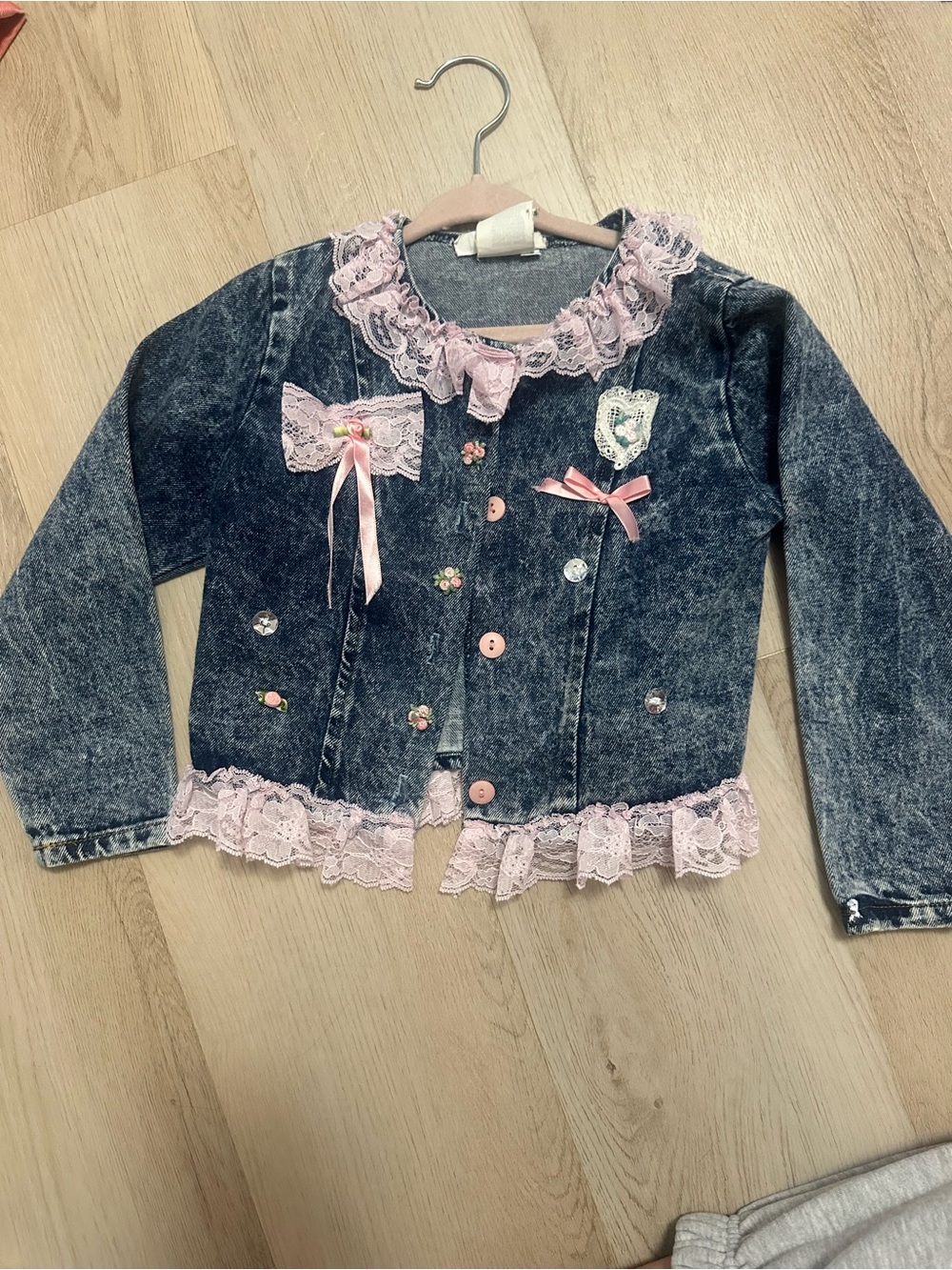 Authentic 90’s Girls Denim-Style Jacket with Pink Lace Trim and bows size 5